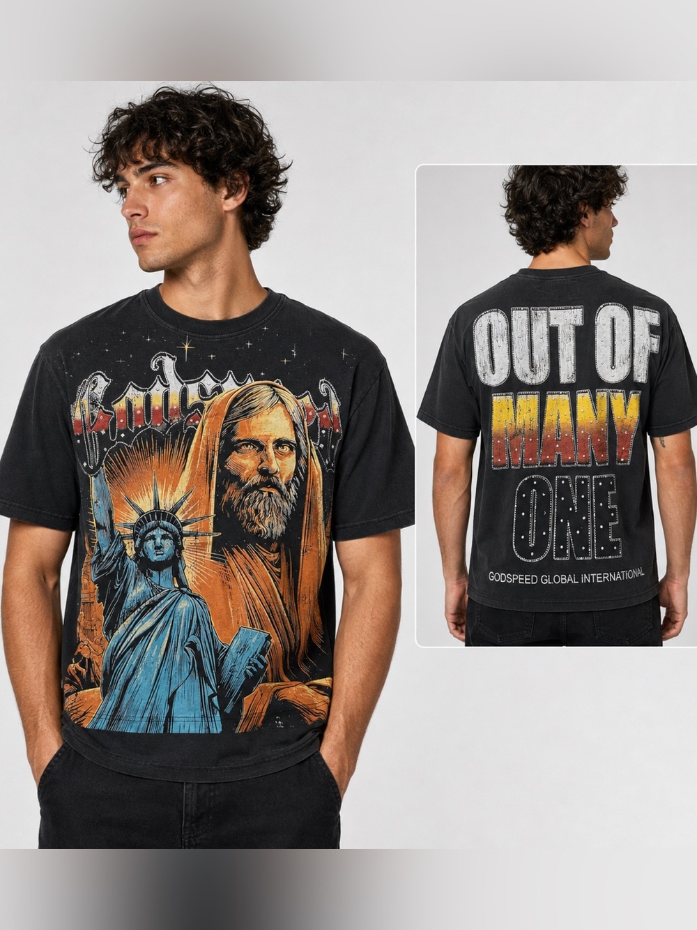 Black Short Sleeve Graphic Tee with Orange & Blue Statue Artwork
